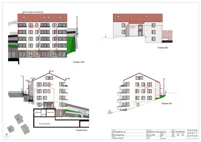 Fasadetegning som viser bygningens utseende fra fire sider (Nord, Sør, Vest, Øst) med mål og detaljer.