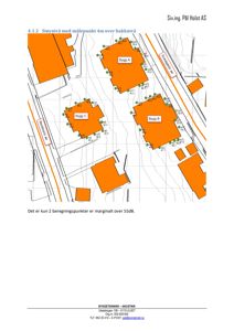 Kart over et område med flere bygninger (Bygg A, B, C) og støyberegninger (dB-verdier) i forhold til bakkenivå.