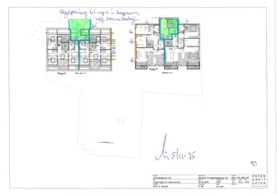 Etasjeplaner for to bygninger (Bygg A og Bygg B) med romfordeling, vegger og innredning.