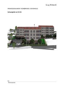 3D-visualisering av et fleretasjes bygg med omgivelser, inkludert trær og terreng.