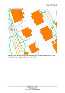 Kart som viser støykartlegging med nivåer (dB) og anbefalt plassering av støyvegg (skjerm) på uteområder.