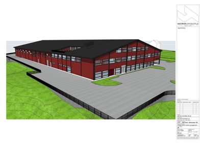 3D-visualisering (rendering) av en planlagt bygning sett fra et vinklet utsyn.