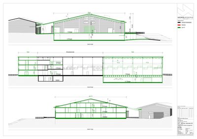 Fasadetegning som viser bygningens utseende fra utsiden, med oppriss av etasjer og høyder.