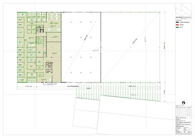 Etasjeplan som viser romfordeling, veggtyper og dimensjoner for en bygning.