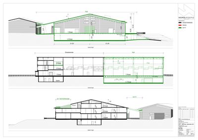 Snittegning som viser tverrsnittet av en bygning med eksisterende og nye deler.