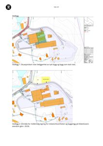 Situasjonskart som viser tomtens beliggenhet, eksisterende og nytt bygg, veier og topografi.