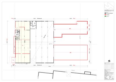 Etasjeplan som viser romfordeling, mål og eksisterende/nye inngrep.