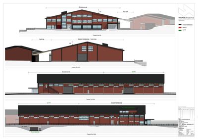 Fasadetegning som viser bygningens utseende fra flere vinkler, med markeringer for eksisterende og nytt bygg.