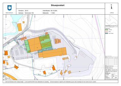 Situasjonskart som viser bygningens plassering i forhold til terrenget, veier og nabolag.
