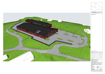 3D-visualisering (rendering) av et nytt bygganlegg sett fra luften, inkludert omgivelsene og terrengform.