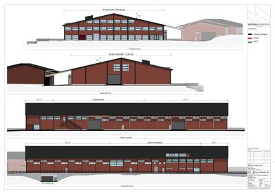 Bildet viser fire fasadetegninger av en bygning sett fra ulike vinkler (vest, øst, syd, nord), med angivelse av eksisterende og nytt bygg.