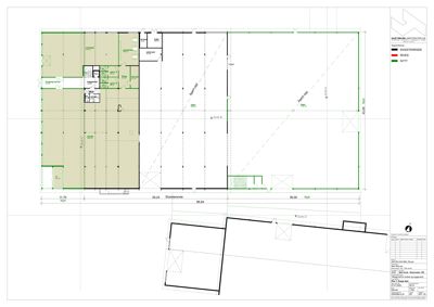 Etasjeplan som viser romfordeling, vegger og mål for en bygning.