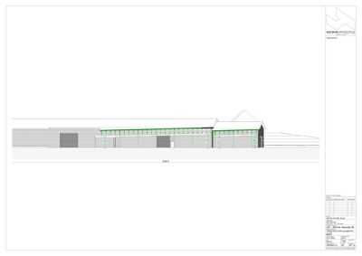Fasadetegning som viser bygningens utseende sett fra en side, inkludert takform og fasadefasader.