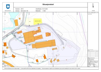 Situasjonskart som viser tomtens form, høydeforhold, naboeiendommer og bygningers plassering.