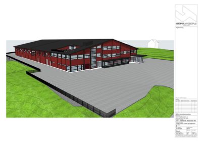 3D-visualisering av en planlagt bygning med omgivelser