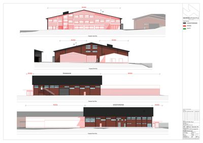 Fasadetegning som viser bygningens utseende fra fire sider (Vest, Øst, Sør, Nord) med angivelse av eksisterende og nye deler.