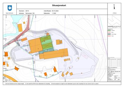 Situasjonskart som viser tomtens beliggenhet, topografi (konturlinjer), eksisterende og planlagt bebyggelse samt infrastruktur.