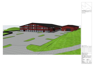 3D-visualisering av et planlagt bygg med omgivende terreng