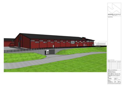 3D-visualisering av en planlagt bygning med røde vegger og svart tak, sett fra utsiden.