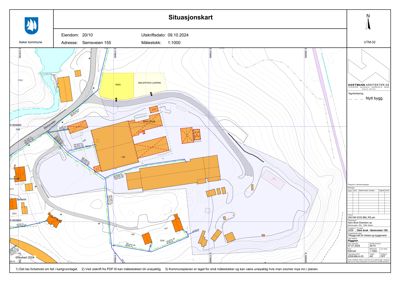 Situasjonskart som viser tomtens form, terrengforhold, eksisterende og planlagt bebyggelse samt vei- og vannforhold.