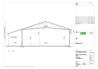 Snittegning (Snitt A) som viser tverrsnittet av en bygning med takoverbygg, inkludert mål på høyder, bredder og takhelling.