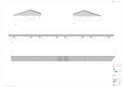 Fasadetegning som viser bygningens utseende fra fire sider: Nord, Sør, Vest og Øst.