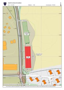 Situasjonsplan (Norkart) som viser tomtens grenser, eksisterende og planlagt bebyggelse (lagerbygg), veier og arealoppdelinger.