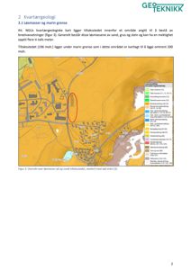 Kart over kvartærgeologiske løsmasser og marin grense i et område, med rødt sirklet tiltakssted.