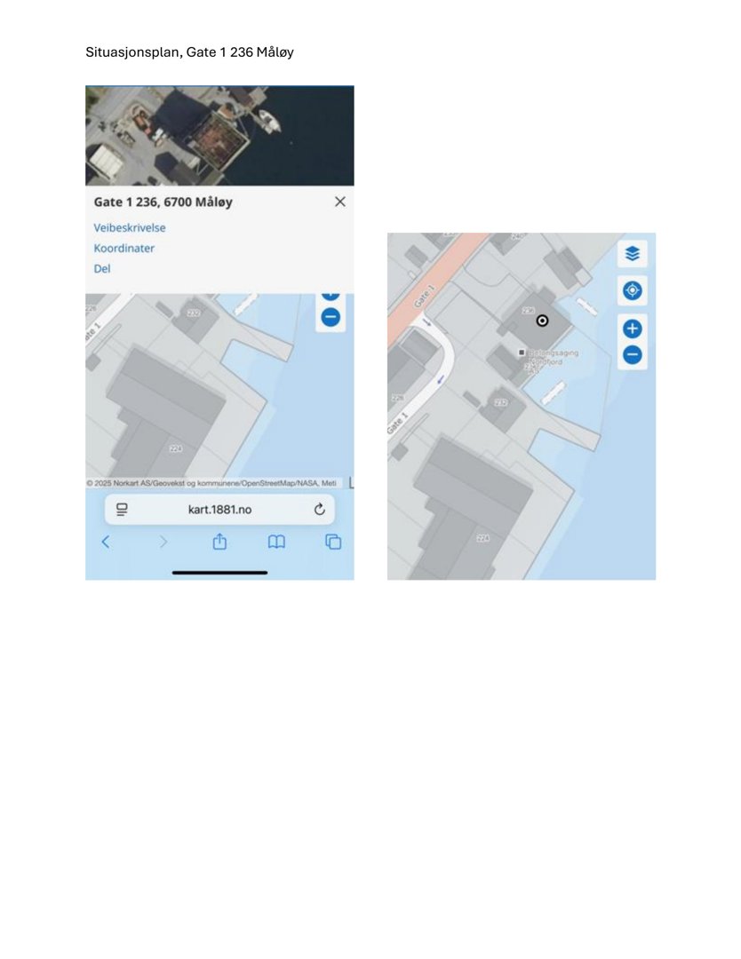 Bildet viser en situasjonsplan for Gate 1 236 i Måløy, presentert som et digitalt kart med nabolagsinformasjon.