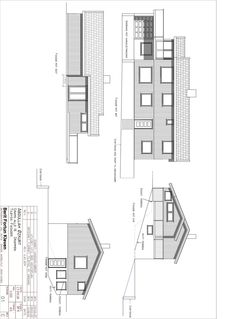 Fasadetegning som viser bygningens utseende fra flere vinkler (vest, øst, nord, sør) med detaljer om vinduer, tak og fasadematerialer.