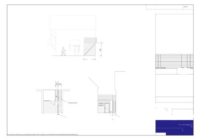 Tegning som viser snitt og fasade av en trappkonstruksjon med mål og detaljer.