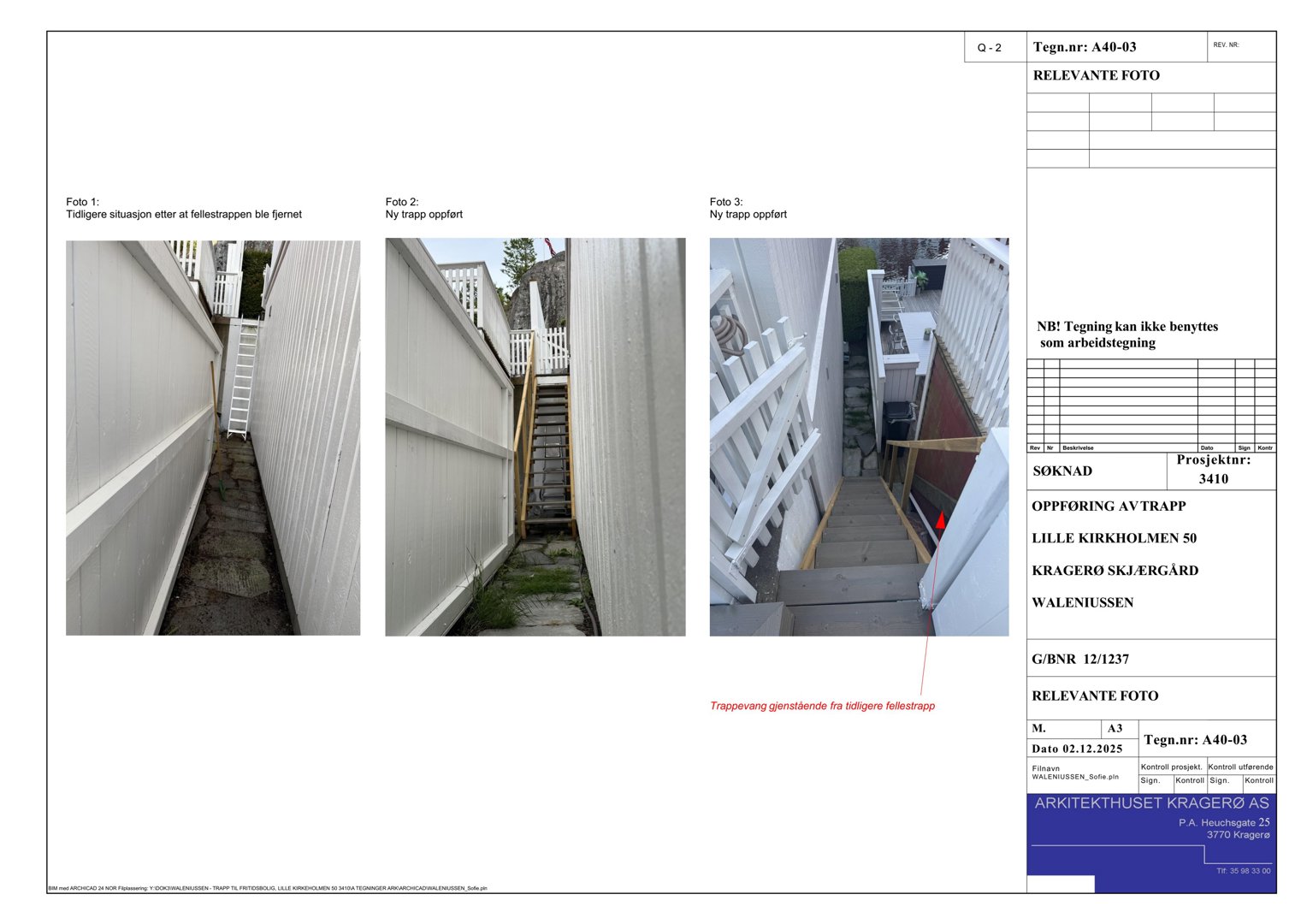 Tre fotografier som viser en trapp før og etter oppføring, samt en oversikt over området.