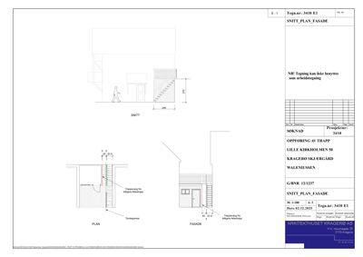 Tegning som viser snitt og fasade av en trappkonstruksjon med mål og detaljer.