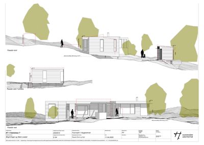 Fasadetegning som viser bygningens utseende fra nord, vest og øst med omgivelsene.