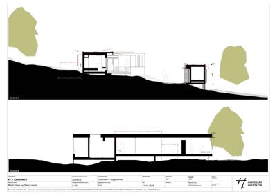 Snittegning (Snitt A-A og B-B) som viser bygningens tverrsnitt, høyder og forhold til terreng.