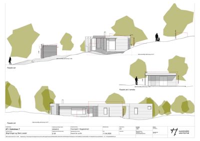 Fasadetegning som viser bygningens utseende fra tre ulike vinkler (sør, øst og øst/annekset) med omgivende terreng og vegetasjon.