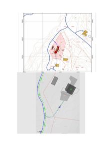 Bildet viser to situasjonsplaner (site plans). Den øverste viser etasjeplaner med høydemålinger (konturlinjer) og bygningsfotavtrykk. Den nedre viser en plan for vei- eller gangveiutlegging med stigning (1:190).
