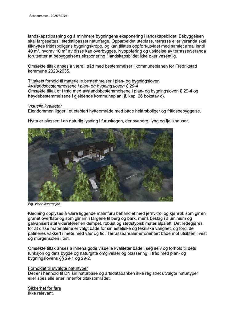 3D-visualisering av en hytte i et naturlig landskap (furuskog, svaberg, lyng, fjellknauser) med utsikt mot vest og morgensolen.