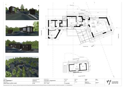 Bildet viser en samling tegninger for et husprosjekt. Det dominerende innholdet er etasjeplaner (E-02) med romfordeling, dimensjoner og fasadeindikasjoner. Til venstre er det også inkludert 3D-renderinger av bygningen.