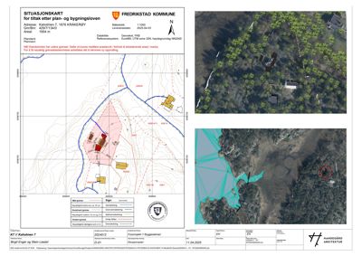 Situasjonskart som viser tomtens grenser, eksisterende bebyggelse, topografi og nabolag.