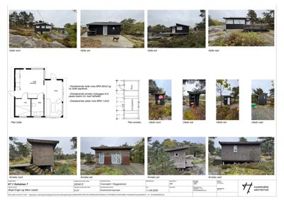 En samling av fotografier som viser eksisterende hytter og utedoer fra ulike vinkler (nord, øst, sør, vest), samt en plantegning av en hytte og en utedo.