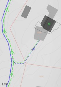 Situasjonsplan som viser tomtens form, konturer, eksisterende og planlagt bebyggelse, samt vegforhold og vannveier.