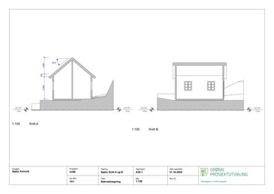 Snittegning (Snitt A og Snitt B) som viser tverrsnittet av bygningen, takhøyder og grunnplan.
