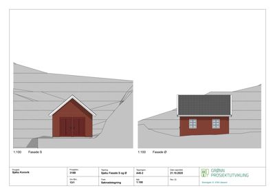 Søknadstegning som viser fasadeoppsettet for bygningen sett fra sør (Fasade S) og øst (Fasade Ø).
