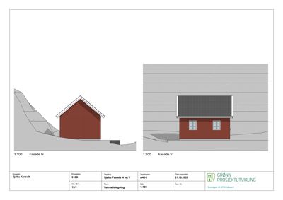 Fasadetegning som viser bygningens utseende fra nord (N) og vest (V) med skråning.