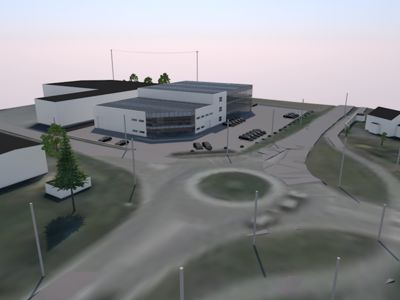 3D-visualisering av et nytt byggkompleks med omgivende infrastruktur, parkering og vegetasjon.