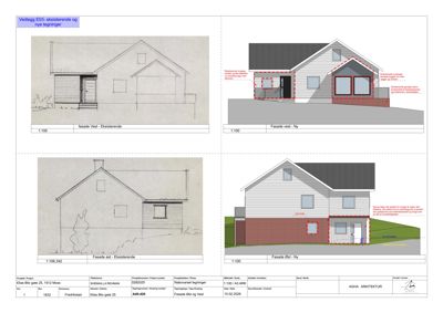 Bildet viser fire tegninger som illustrerer fasadeutforming for en bygning. Det er to tegninger for den eksisterende fasaden (vest og øst) og to tegninger for den nye fasaden (vest og øst).