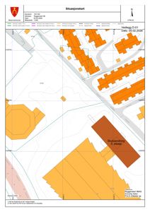 Situasjonskart som viser eiendommen Ryggeveien 96, med bygninger, vegnett og arealbruk markert.