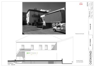 Bildet viser en fasadetegning (Fasade NØ) med en eksisterende fasade-foto ovenfor og en ny fasade-visualisering nedenfor.