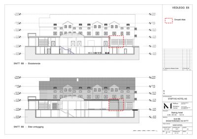 Snittegning (SNITT BB) som viser bygningens tverrsnitt før og etter ombygging, inkludert høydeangivelser og romfordeling.